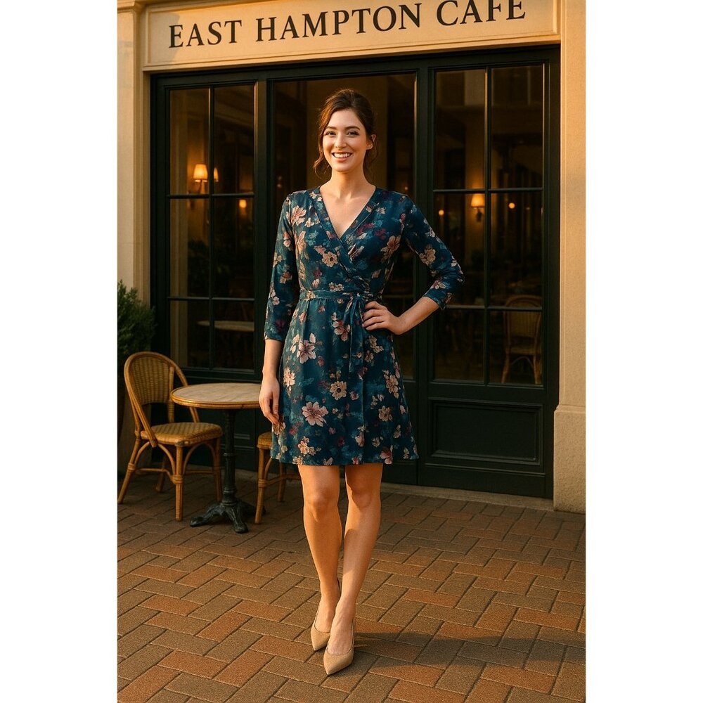 Thalia Sodi Small Teal Floral Wrap Dress Long Sleeve Fall Party Cafecore Look - Picture 6 of 12